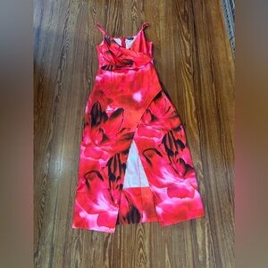 Maxi Dress in floral pink with a mesh overlay and adjustable straps